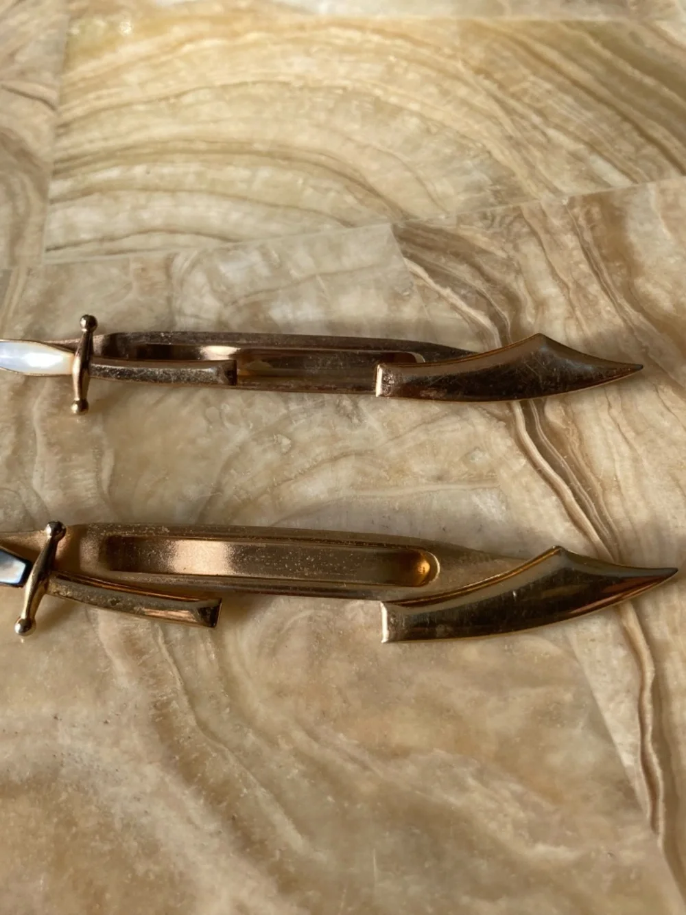 Vintage Swank Cutlass Sword Tie Clips Lot of 2 Gold Tone Pearl Handles MCM